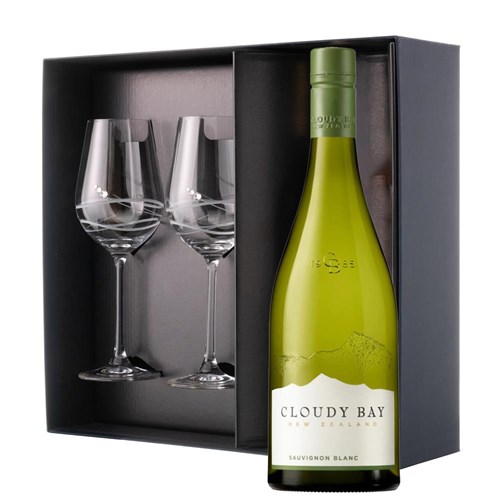 Cloudy Bay Sauvignon Blanc 75cl White Wine And Diamante Venezia Glasses Gift Box Set